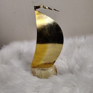 Vintage MCM Signed DeMott Brass Metal Sailboat Sculpture on Stone Quartz 9"